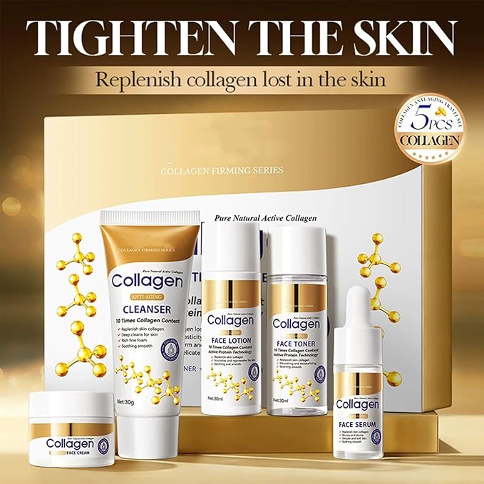 Collagen Skin Care Set - 5 Pcs Anti-Aging Facial Skin Care Sets & Kits for Women, Reduce Wrinkles & Fine Lines, Long-Lasting Oil Control, Firm Skin - With Cleanser, Toner, Serum, Face Cream & Lotion