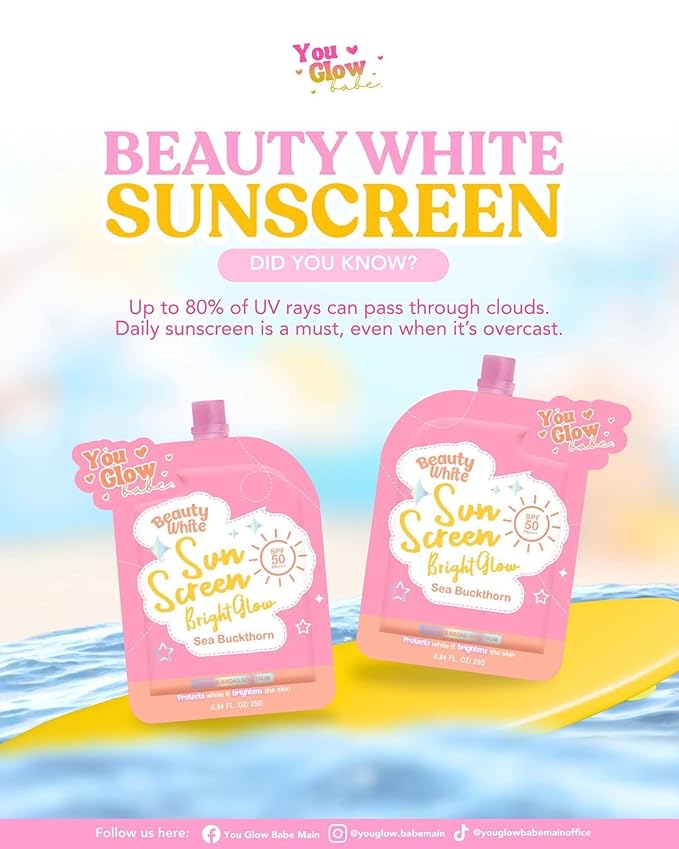 You Glow Babe Beauty White Sunscreen SPF 50 with Sea Buckthorn, Bright Glow Formula, 0.84 fl oz (TWIN PACK)
