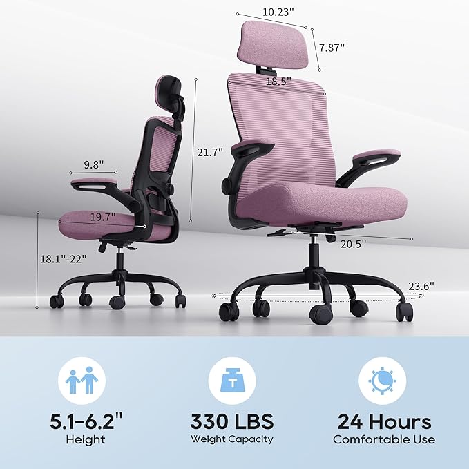 Ergonomic Office Chair, High Back Mesh Desk Chair with Adjustable Lumbar Support & Headrest, Flip-up Armrest, Computer Task Chairs for Home and Executive Office (B-Light Purple)