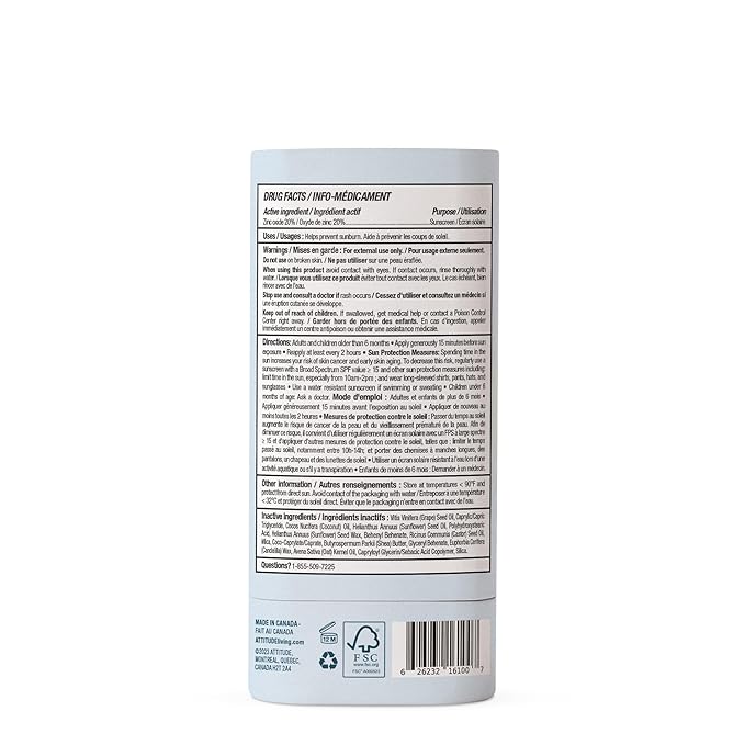 ATTITUDE Mineral Sunscreen Stick for Sensitive Skin, SPF 30, EWG Verified, Plastic-Free, Broad Spectrum UVA/UVB Protection with Zinc Oxide, Dermatologically Tested, Vegan, Unscented, 2.1 Ounces