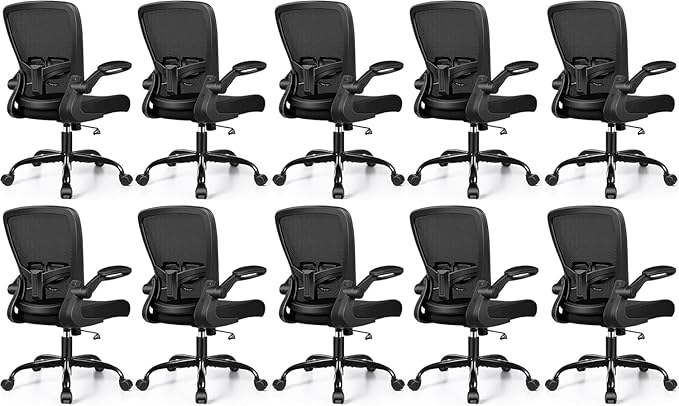 Ergonomic Office Chair 2026 - Mesh Desk Chair with Flip-up Armrests, Adjustable Height and Lumbar, 360° Swivel Comfortable Computer Chairs for Home, Conference Room, Reception, 350lbs, 10 Pack