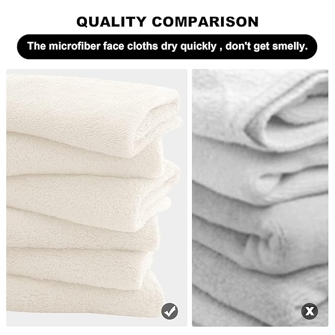 MOONQUEEN Microfiber Facial Cloths Fast Drying Washcloth 12 Pack - Premium Soft Makeup Remover Cloths - Cream
