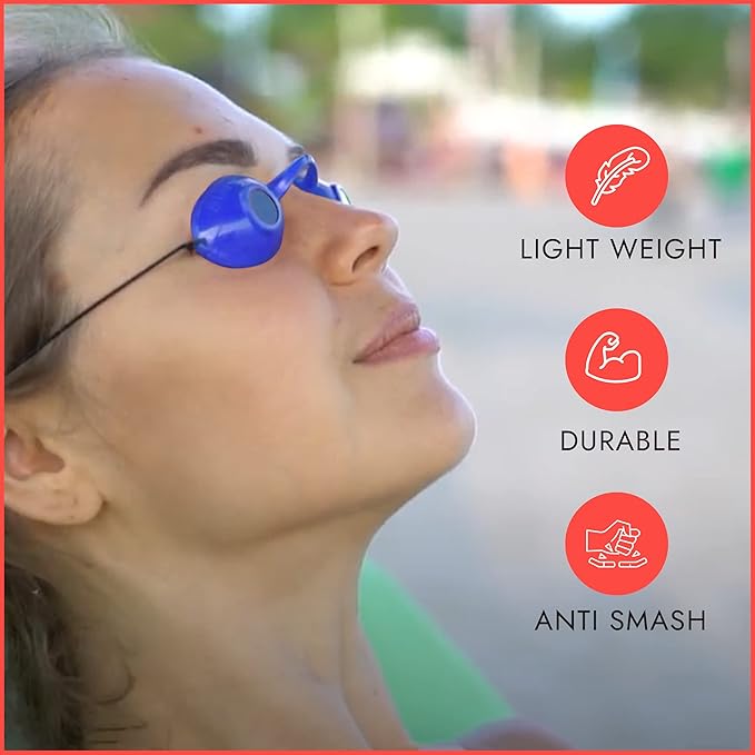 Super Sunnies UV Eye Protection FDA Compliant Eyeshields, Tanning Bed Goggles, Red Light Therapy Glasses w/Strap