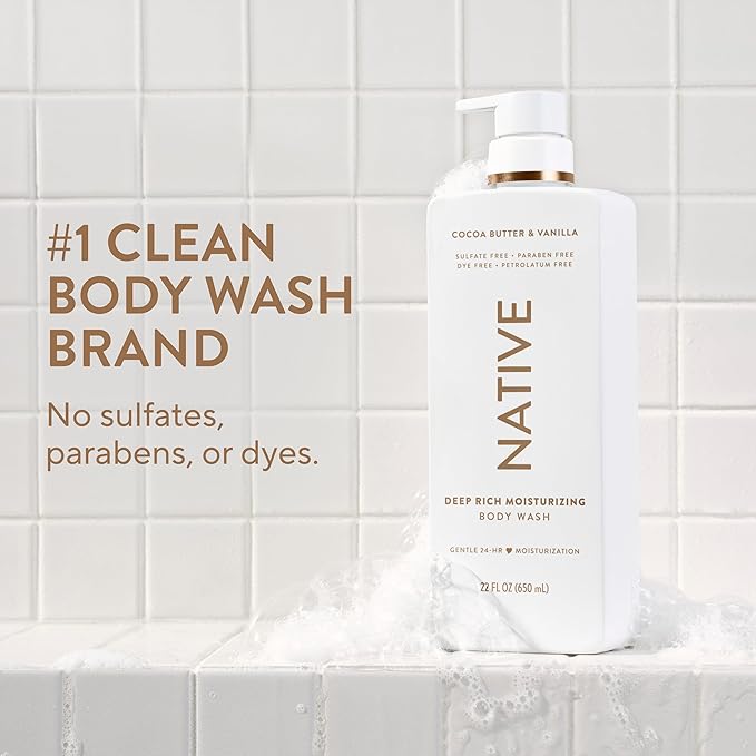 Native Moisturizing Body Wash, Cocoa Butter & Vanilla, 24-Hour Hydration for Dry & Sensitive Skin, Made with Real Shea Butter, Sulfate & Paraben Free, 22 oz