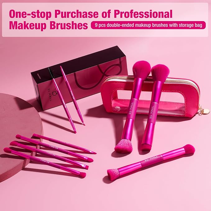 BS-MALL Double-ended Makeup Brush Set With Concealer Brush & Foundation Brush, Eyeshadow Brush- Travel-friendly Multi-purpose Brushes In Makeup Bag For Daily Use (9 PCS Hot Pink)