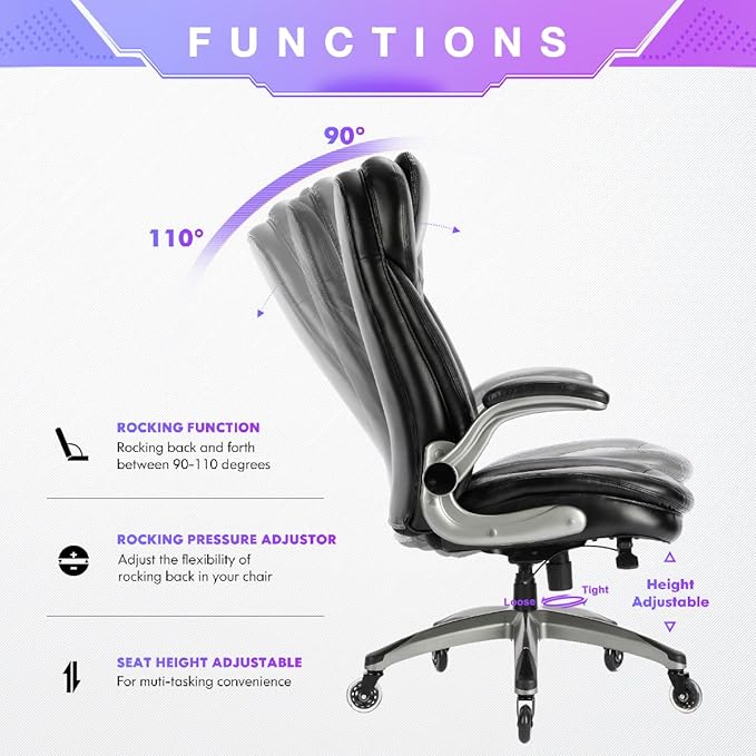 Ergonomic Executive Office Chair, High Back Leather Desk Chair with Flip-up Arms and Adjustable Height, Swivel Rolling Computer Chair with Heavy Duty Metal Base,300lbs,Black for Home Office or Study