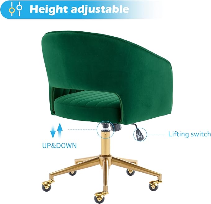 Home Office Chair Swivel Velvet Desk Chair Accent Armchair Upholstered Modern Tufted Chairs with Gold Base for Girls Women Ergonomic Study Seat Computer Task Stools for Living Room(Green)