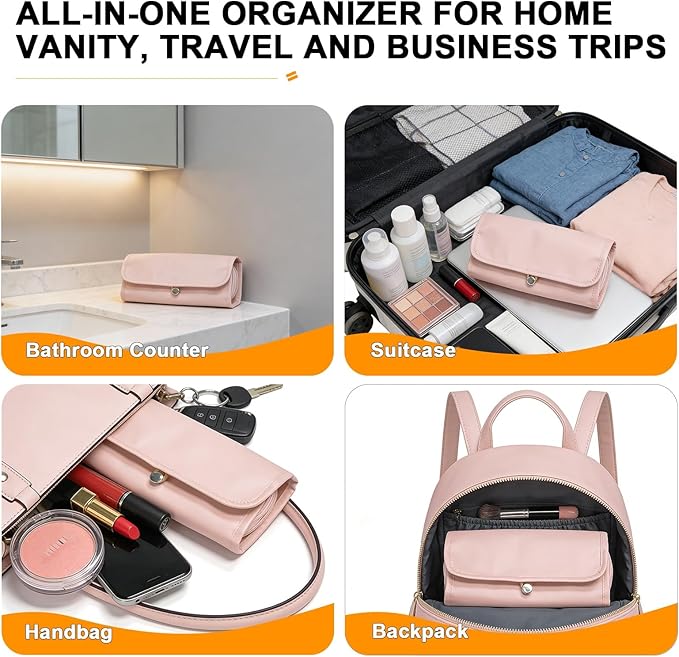 Portable Folding Makeup Brush Bag,Travel Toiletry Bag with Dividers & Independent Partition for Brushes & Skincare, Toothbrush Holder,Rolling & Open Flat cosmetic Organizer,Waterproof &Hanging (Pink)