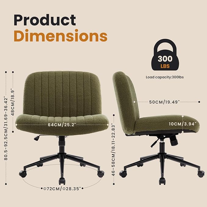 IWMH Criss Cross Chair Cross Legged Office Chair with Wheels Armless Wide Seat Desk Chairs Height Adjustable Computer Task Chairs Swivel Vanity Chair for Home Office Bedroom Make Up Small Space Green