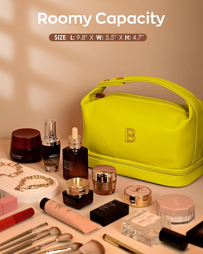Makeup Bag For Teens 16-18, Personalized Makeup Bag with Handle, Initial Double Layer Cosmetic Bag with Makeup Brush Organizer, Cute Cosmetic Pouch for Women, Gifts for Friends Female Mom