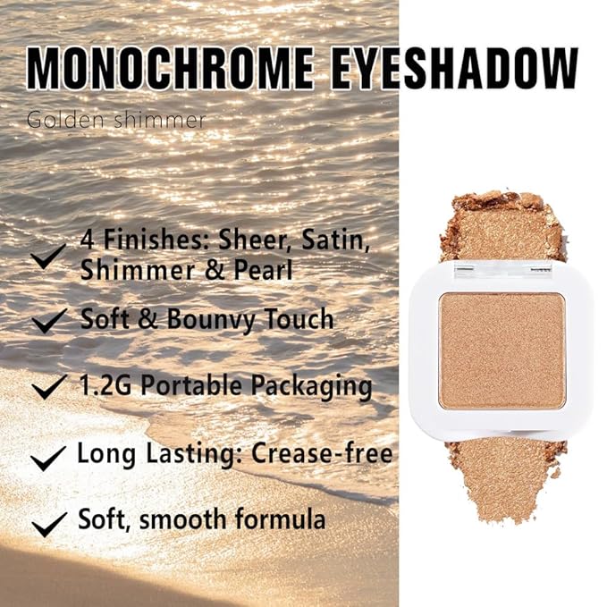 Glitter Single Eye Shadow Palette Makeup, Golden Sparkle Shimmer Monochrome Eyeshadow For Older Women, Mini Pressed Pigmented Waterproof Sombras Para Ojos,Vegan, Talc, Paraben&Cruelty Free
