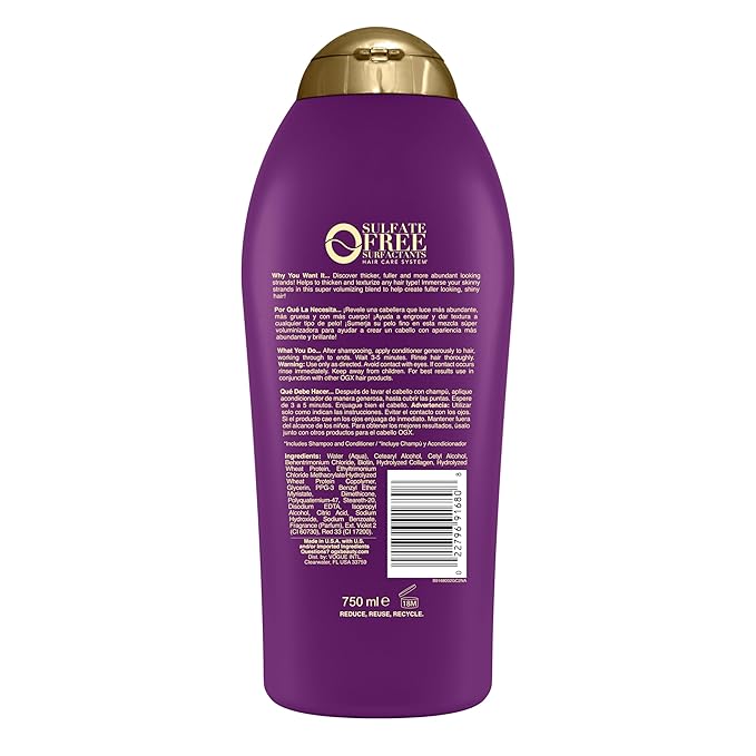 OGX Thick & Full + Biotin & Collagen Volumizing Conditioner, Nutrient-Infused Conditioner + Vitamin B7 Biotin Gives Hair Volume & Body for 72+ Hours, Sulfate-Free Surfactants, 25.4 fl. oz (Pack of 2)