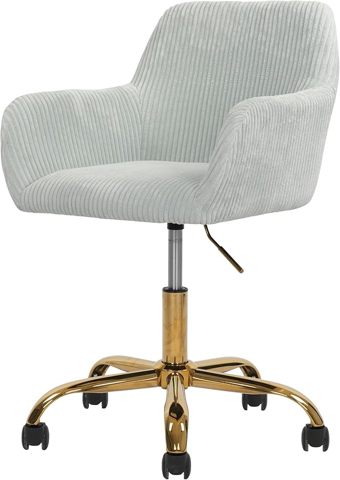 Faux Fur 360°Swivel Desk Chair, Height Adjustable Home Office Armchair with Golden Base for Teens Women Girls, Corduroy & Light Blue