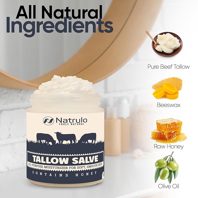 Beef Tallow Salve – All Natural Grass Fed Beef Tallow & Honey All Purpose Balm – Moisturizing Body Salve Great for Eczema, Cracked, Dry, Itchy, Irritated Skin – Skin Repair Skincare Made in USA