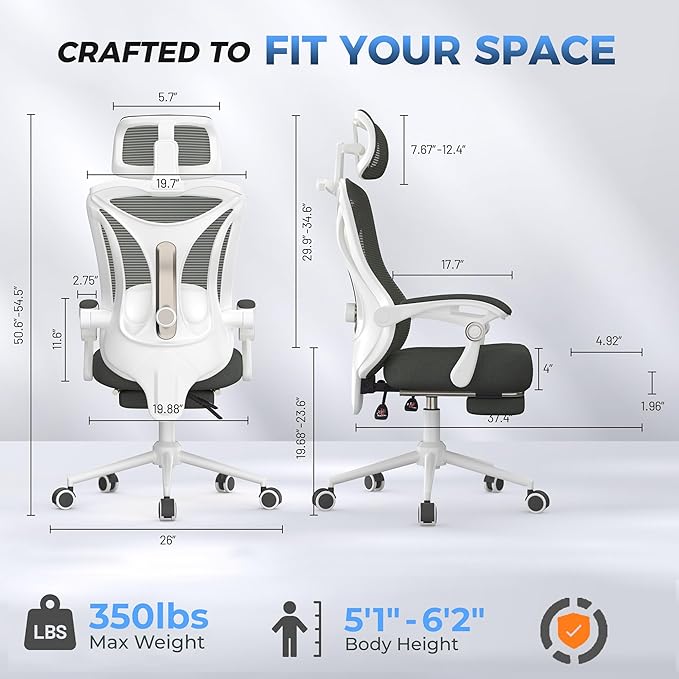 Ergonomic Office Chair with Footrest - Adjustable Lumbar Support & Headrest, 90-160° Reclining Mesh Back Computer Chair - Home Office/Gaming, 350lbs Capacity (SGS Certified)