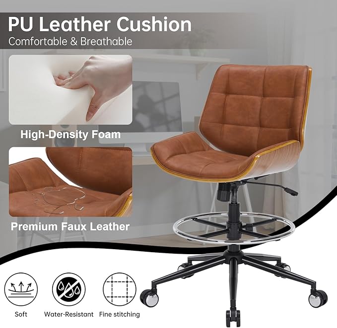 Drafting Office Chair Ergonomic Executive Computer Standing Desk Chair with Adjustable Height and Footrest Ring, Drafting Chair for Counter Height Desk and Drawing (Brown)
