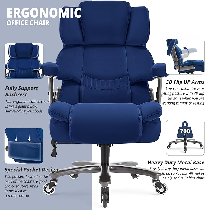 Big and Tall Office Chair 700lbs- Fabric High Back Executive Computer Chair with Adjustable Lumbar Support 3D Flip Arms Plus Size Rubber Wheels- Extra Wide Large Desk Chairs, Heavy Duty Metal Base