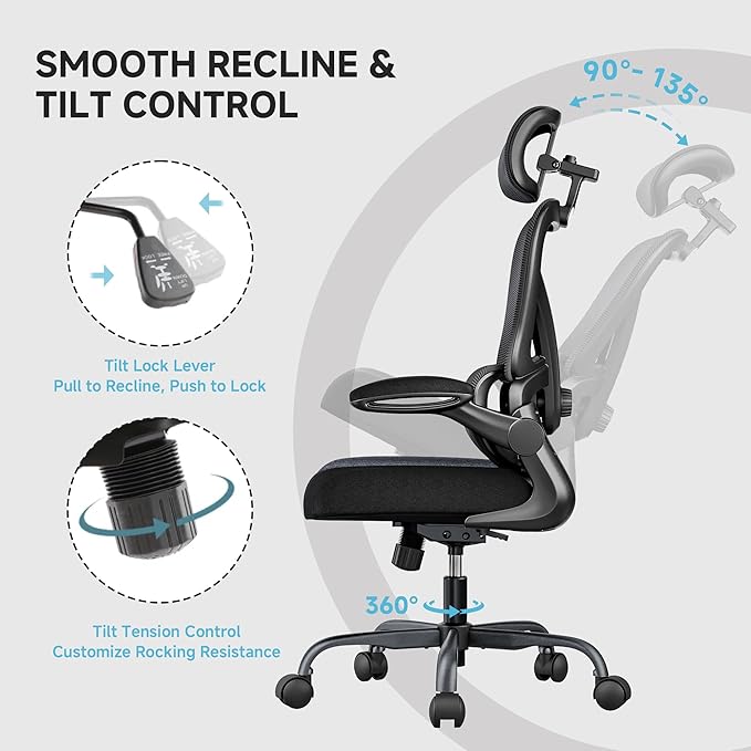 Ergonomic Office Chair, 330LBS Desk Chair with 3-Level Lumbar Support & Headrest, Breathable Mesh Backrest, Flip-Up Armrests for Home Office and Gaming, Black