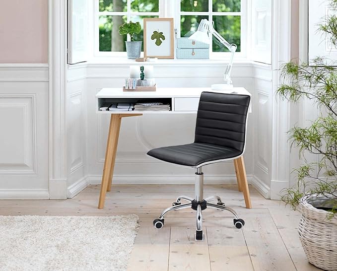 Furmax Vanity Office Desk Chair with Wheels, Armless Small Cute Leather Makeup Computer Task Chair Adjustable Height 360° Swivel (Black)