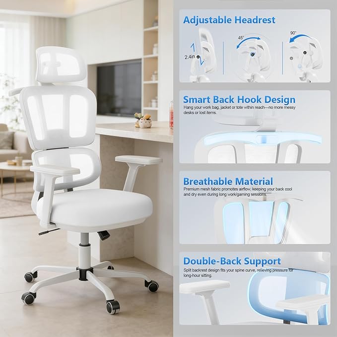 Office Chair Ergonomic Desk Chair with Lumbar Support and Headrest, Thick Cushion Mesh Computer Chair with Armrest and Tilt Lock, High Back Home Office Desk Chairs for Men Women