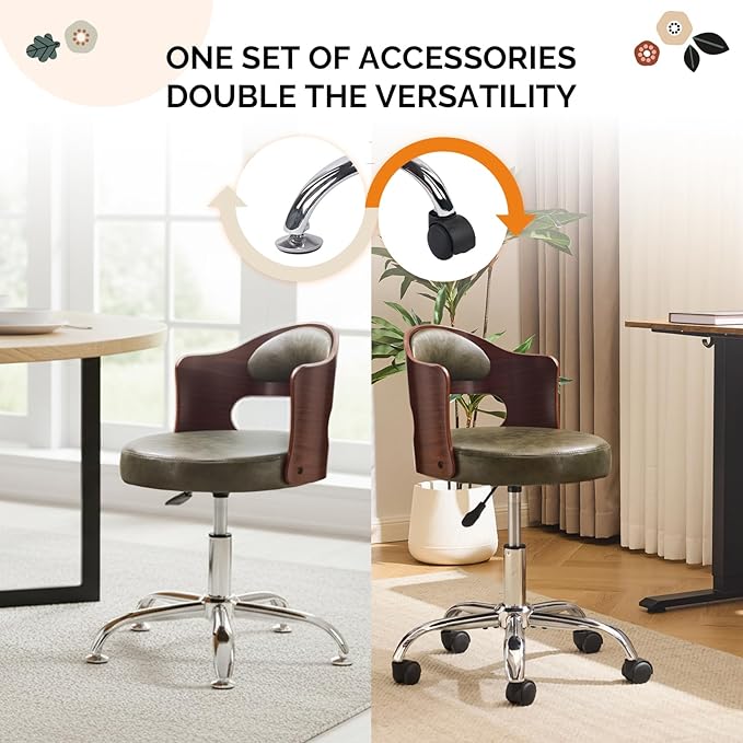 VINGLI Armless Home Office Desk Chair, Adjustable Swivel Chair,Dual-Use with/no Wheels,Small Retro Designed Walnut Curved Task Chair,Cushioned Nail Tech Chair for Study Area,Workspace,PU,Olive Green