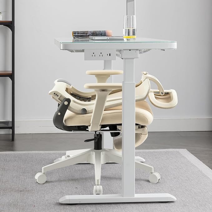 Foldable Office Chair with Foot Rest, Ergonomic Office Chair with Adjustable Lumbar Support, Headrest, Armrest, Home Office Desk Chair for Space Saving, Work from Home, Cream