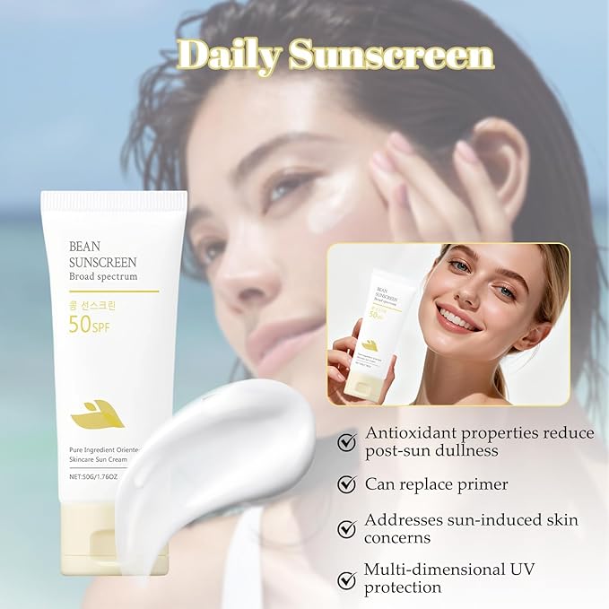 Bean Sunscreen, Sunscreen Lotion, Sun Screen Protector, SPF 50+ Under Makeup Cream for Face and Body, Airy Texture Type, Water Proof Sweat Resistant,2PCS