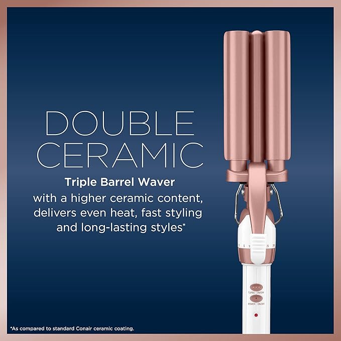 Conair Double Ceramic 3 Barrel Curling Iron,Triple Barrel Waver Tool Creates Deep,Continuous Waves,Hair Curler for All-Hair Lengths,White/Rose Gold(Pack of 3)