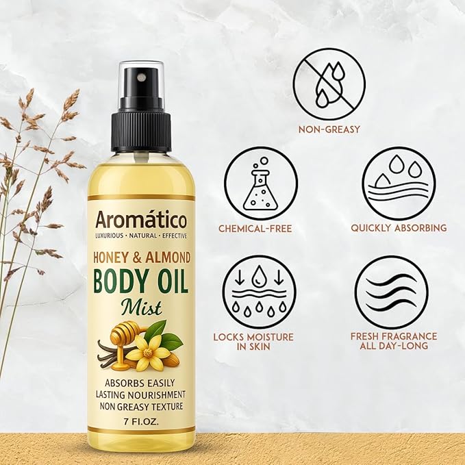 Honey & Almond Body Oil Mist for Women – 7 fl oz | Lightweight, Non-Sticky, Spray-on formula for Daily use After Shower | Moisturized, Soft, Glowing Skin | Cozy Honey & Almond Scent