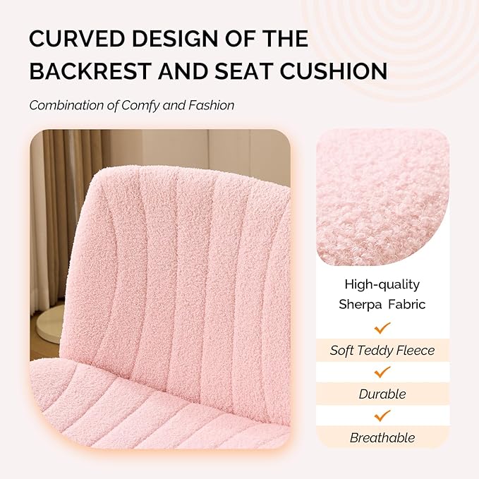 VINGLI Criss Cross Legged Chair,Wide Comfy Office Desk Chair,Dual-Use with/no Wheels Computer Task Chair,Swivel Armless Vanity Boucle Chair for Study,Make Up,Home Office,Teddy Fleece,Pink