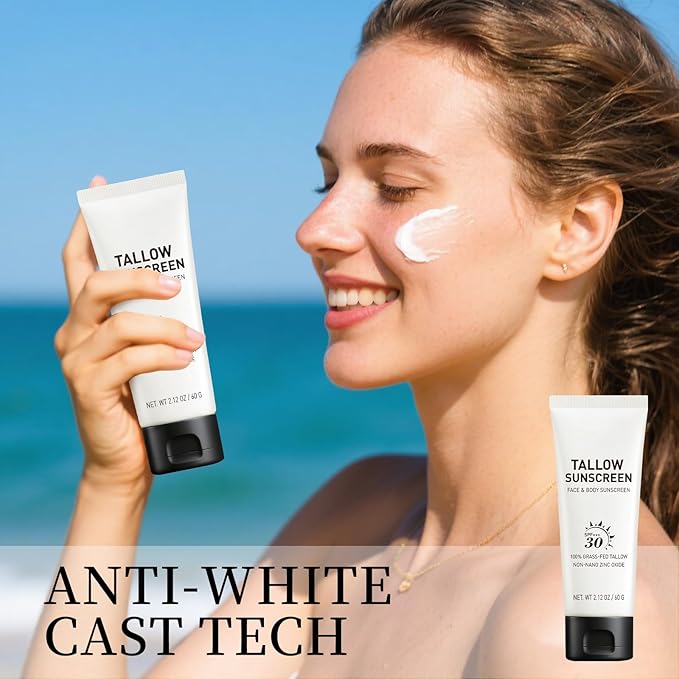 Beef Tallow Mineral Sunscreen SPF with Zinc Oxide – Natural Face & Body Sunblock, Non-Greasy Daily Sun Protection, Travel Size 2 oz