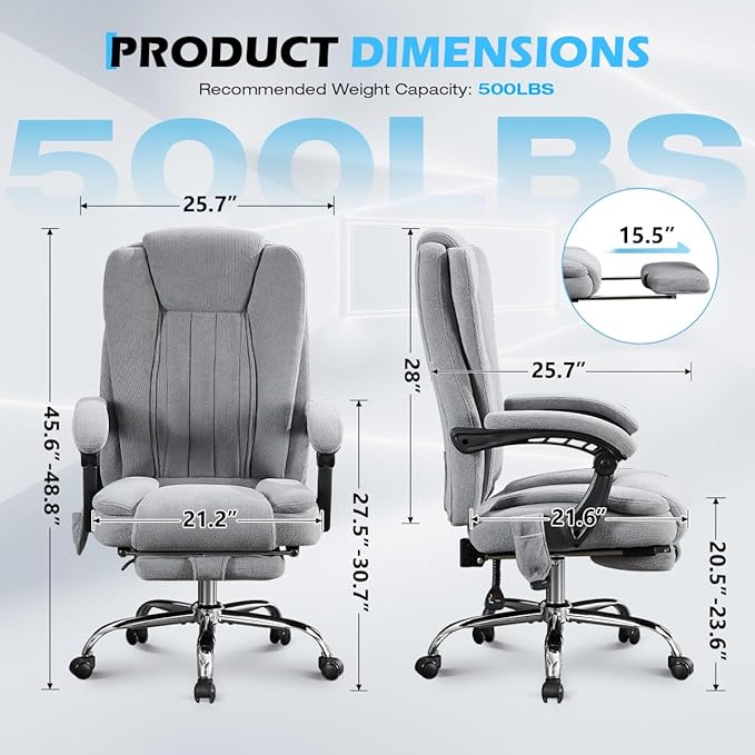 Massage Office Chair with Foot Rest,6 Points Vibration and Heat Ergonomic Executive Desk Chair for Heavy People,500lbs Big and Tall Office Chairs with Reclining High Back for Home Office