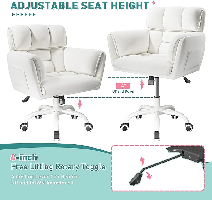 Home Office Chair with Wheels Soft-Touch Material,Modern Cute Vanity Chair with Back Adjustable Height Upholstered Comfy Desk Chairs with Side Pockets for Bedroom,White