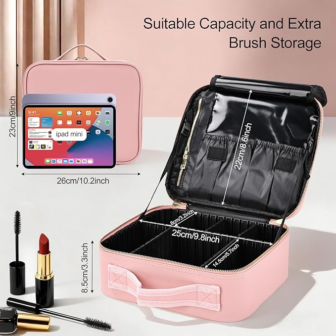 Travel Makeup Bag with Brush Holder, Professional Cosmetic Train Case Organizer for Women, Portable Travel Makeup Brush Carry Case Cosmetic Artist Storage Box with Adjustable Dividers, Leather Pink