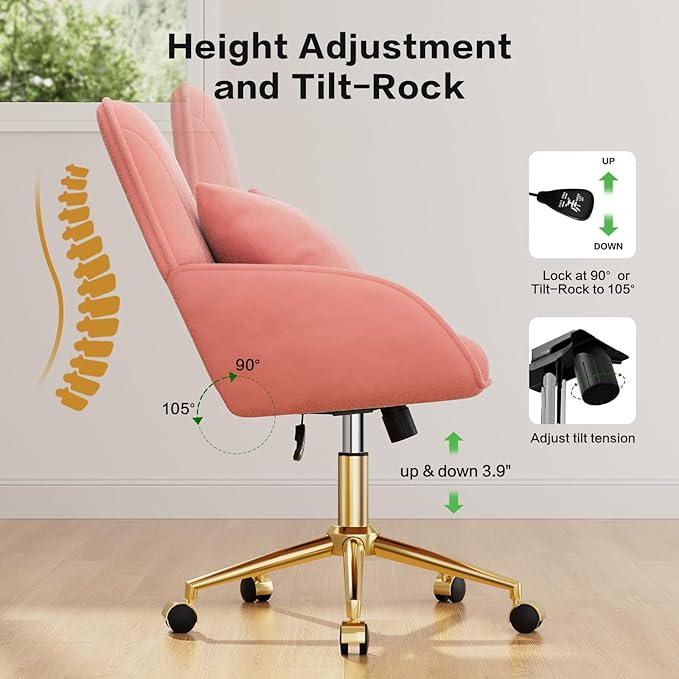 Home Office Desk Chair Comfy with Adjustable Swivel Wheels, Modern Velvet Makeup Vanity Chair with Back & Pillow, Ergonomic Office Chair Computer Task Chair for Living Room, Bedroom, Coral Red