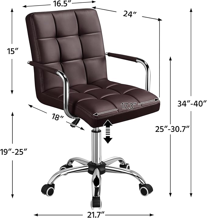 Yaheetech PU Leather Mid-Back Task Desk Chair Modern Adjustable Swivel Home Office Chair with Smooth Casters Brown