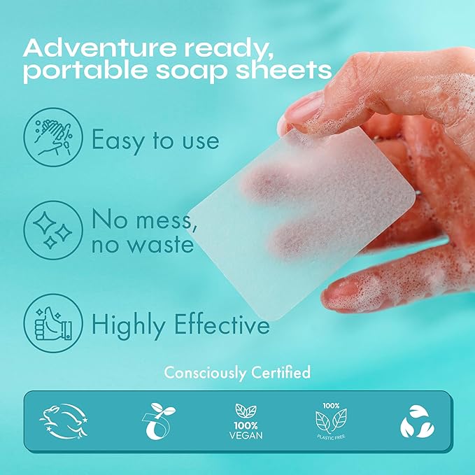 FOMIN - Antibacterial Paper Soap Sheets for Hand Washing - (200 Sheets) Tea Tree Portable Travel Soap Sheets, Dissolvable Camping Mini Soap, Portable Hand Soap sheet