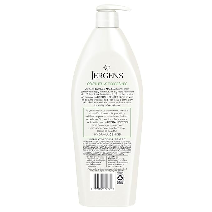 Jergens Soothing Aloe Body Lotion, Aloe Vera Body and Hand Moisturizer, Illuminating Hydralucence Blend, with Cucumber Extract, Dermatologist Tested, 21 Oz (Pack of 2)