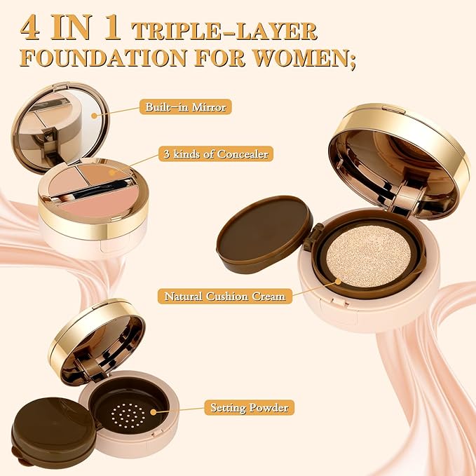 Cushion Foundation, Essential Skin Nuder Cushion, 4-in-1 Triple Layer Korean Skin Care & Face Beauty Makeup, Easy Application for All Skin Types, (Concealer, Cushion Cream, Setting Powder), #01-IVORY
