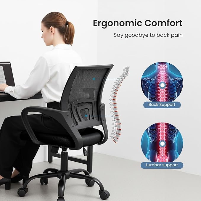 DUMOS Office Chair - Ergonomic Mid Back Mesh Desk Chair with Lumbar Support & Rocking Mode, Height Adjustable with Fixed Armrest, Computer, Gaming, Conference, 360° Swivel, Black