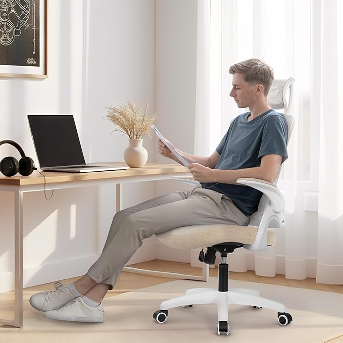 NEO Chair Ergonomic Office Desk Chair High Back Computer Gaming Mesh Chair with Comfy Task Adjustable Arms Lumbar Support Headrest Swivel for Home Office (Beige)