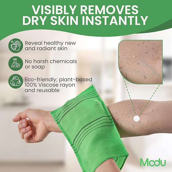 Modu Korean Exfoliating Mitts Large 10PCS (Green) – Exfoliating Gloves Body Scrubber Italy Towel Washcloth for Korean Spa at Home, Dead Skin Remover, 100% Vegan Viscose