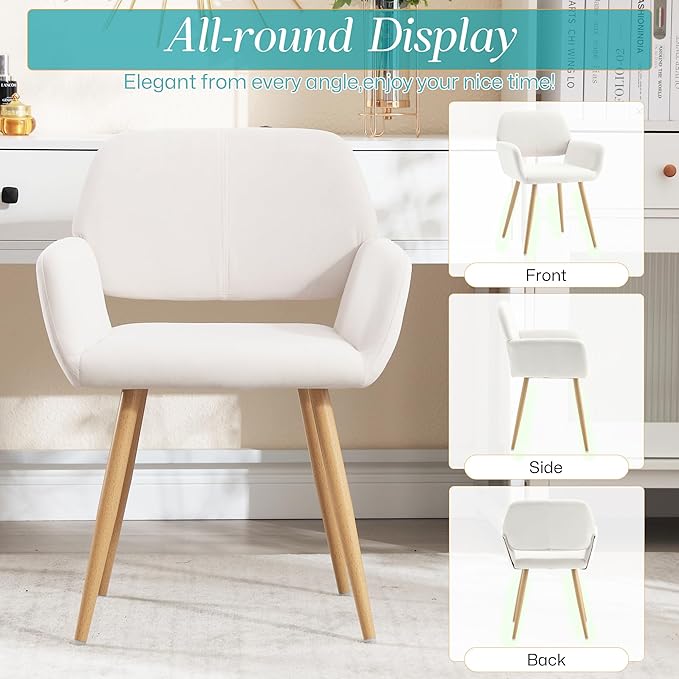 Home Office Velvet Desk Chair, Makeup Vanity Chair, Comfy Accent Armchair with Wood Grain Metal Legs, Cute Dining Chair with Hollowed Back, Beige