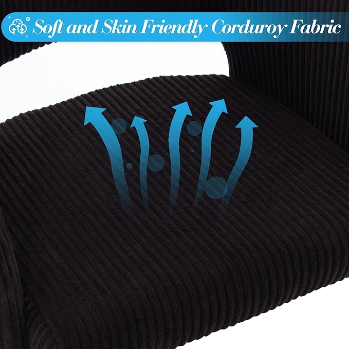 Home Office Chair Swivel Corduroy Fabric Desk Chair Accent Armchair Upholstered Modern Tufted Chairs with Gold Base for Girls Women Ergonomic Study Seat Computer Task Stools for Living Room(Black)