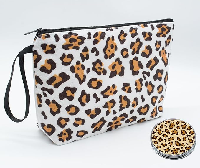 Personalized leopard print Makeup Bag set with Mirror for Women,Leopard Pattern Travel Cosmetic bag kit for Bride Bridesmaid with pink brush set,Leopard Gifts for Mom Girls femal Friends