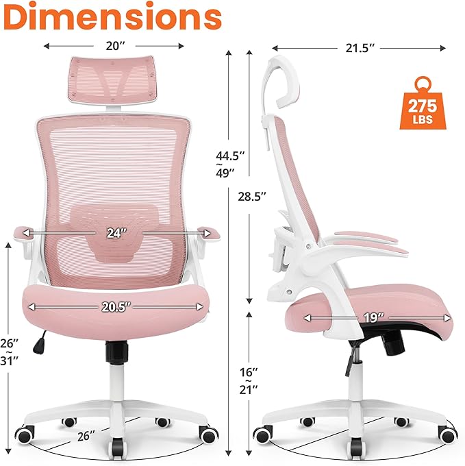 NEO Chair Office Desk Chair Computer High Back Mesh Gaming Seat with Ergonomic Adjustable Comfy Flip-up Armrests Lumbar Support Height for Home (Headrest Pink)
