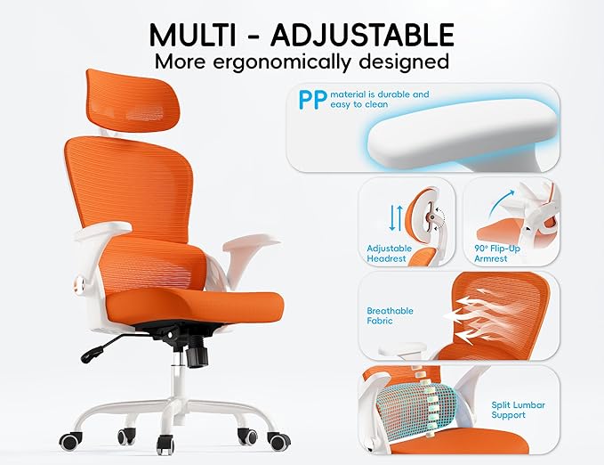 TRALT Office Chair - Ergonomic Office Chair with Back Support, Home Office Desk Chairs, 330lbs Wide Seat Big and Tall Office Chairs with Headrest, Comfy Desk Chairs (Orange)