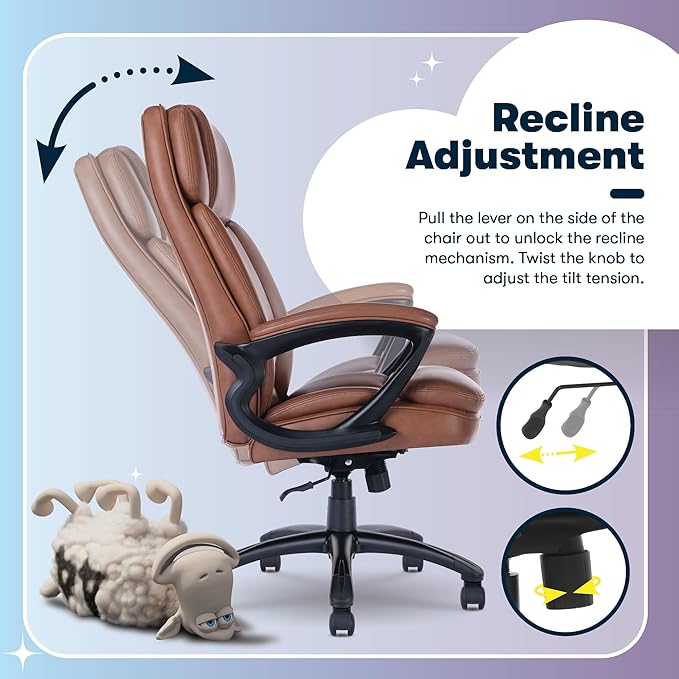 Serta Fairbanks Big & Tall Executive Office Chair, Ergonomic High-Back with Lumbar Support, Semi-Plush Seat Cushion and Body Pillows, Padded Armrests, Nylon Swivel Base, Bonded Leather, Cognac Brown
