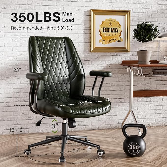 Green Leather Office Desk Chair with Quiet Rubber Wheels, Height Adjustable, Padded Arms, Vintage Mid Century Office Chair, Retro Style Desk Chair