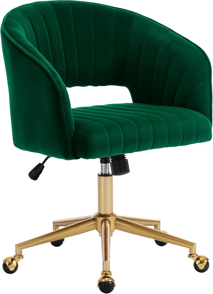 Home Office Chair Swivel Velvet Desk Chair Accent Armchair Upholstered Modern Tufted Chairs with Gold Base for Girls Women Ergonomic Study Seat Computer Task Stools for Living Room(Green)